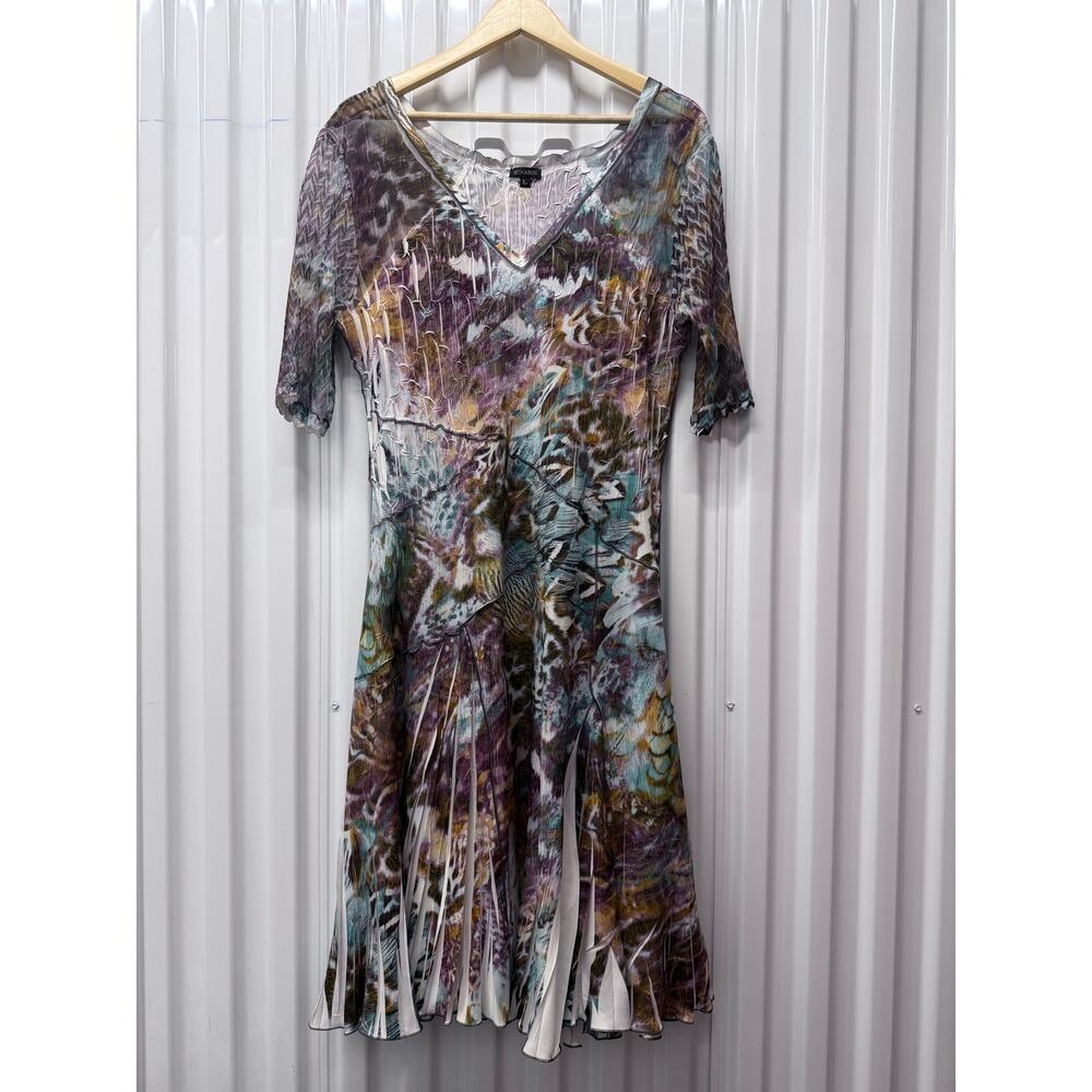 KOMAROV light blue purple spring abstract crinkle pleated mid sleeve midi dress